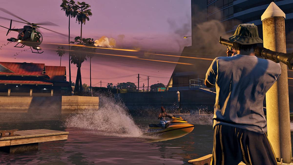 GTA Online character firing rocket at helicopter