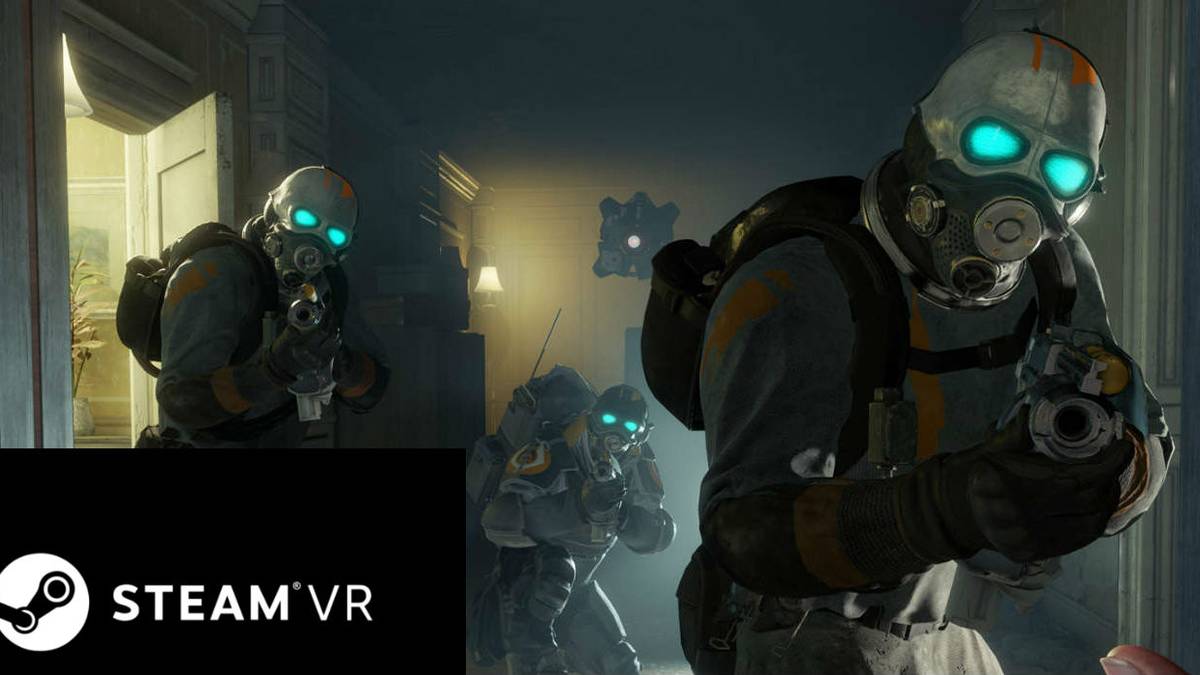 half-life alyx gameplay screenshot, w steamVR logo facing off against combine soldiers