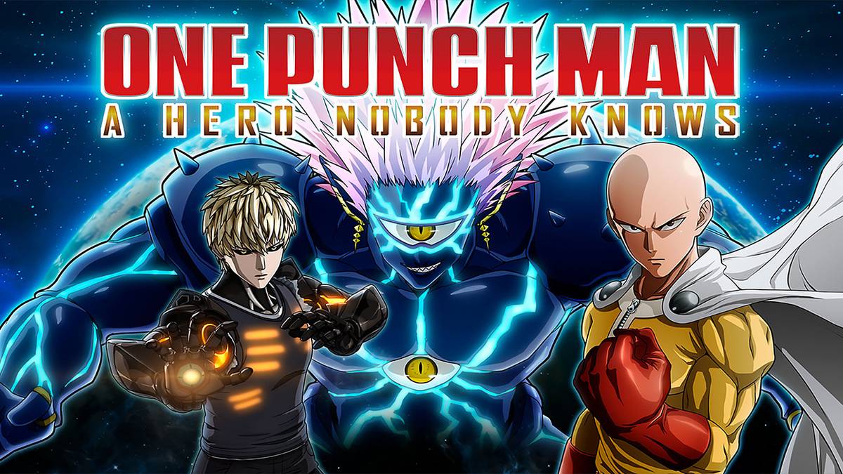 One Punch Man Genos and Saitama in front of logo