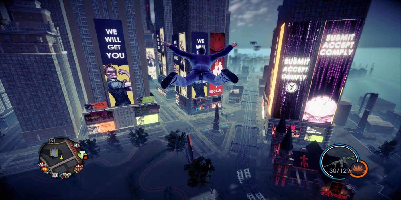 flying through a city Saints Row 4