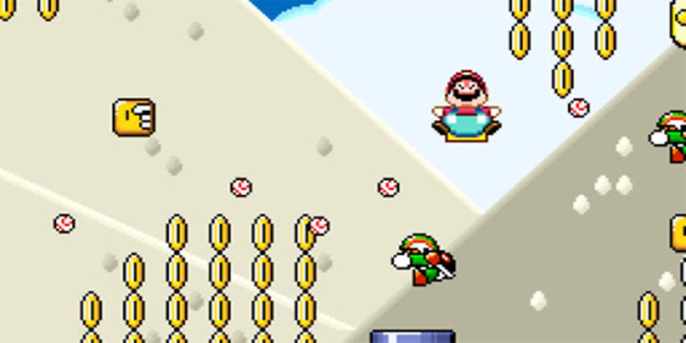 Super Mario World balloon Mario floating over coins, pipes, koopa football players