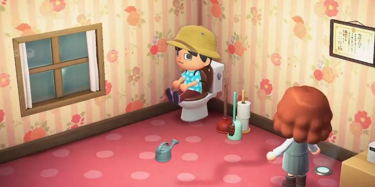 Animal Crossing player sitting on toilet