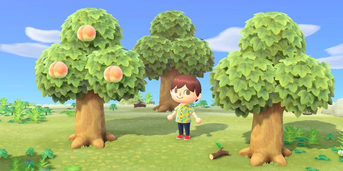 Animal Crossing Player standing near peach tree
