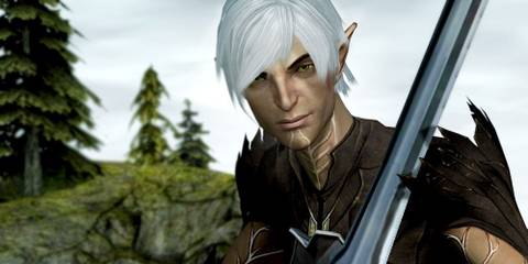 Fenris from Dragon Age 2 holding a sword and smirking