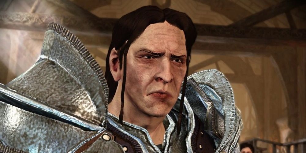 The stern face of Loghain staring at something with a lightly furrowed brow.