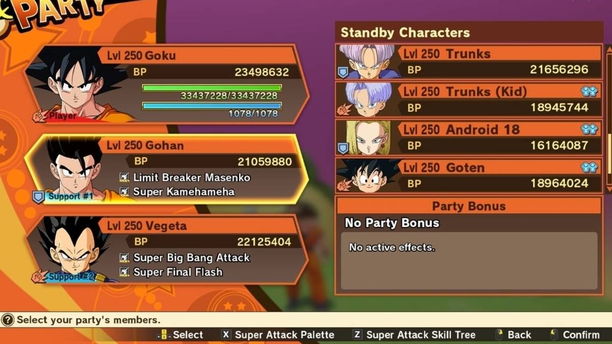 Dragon-ball-z-kakarot-party-menu-level-250