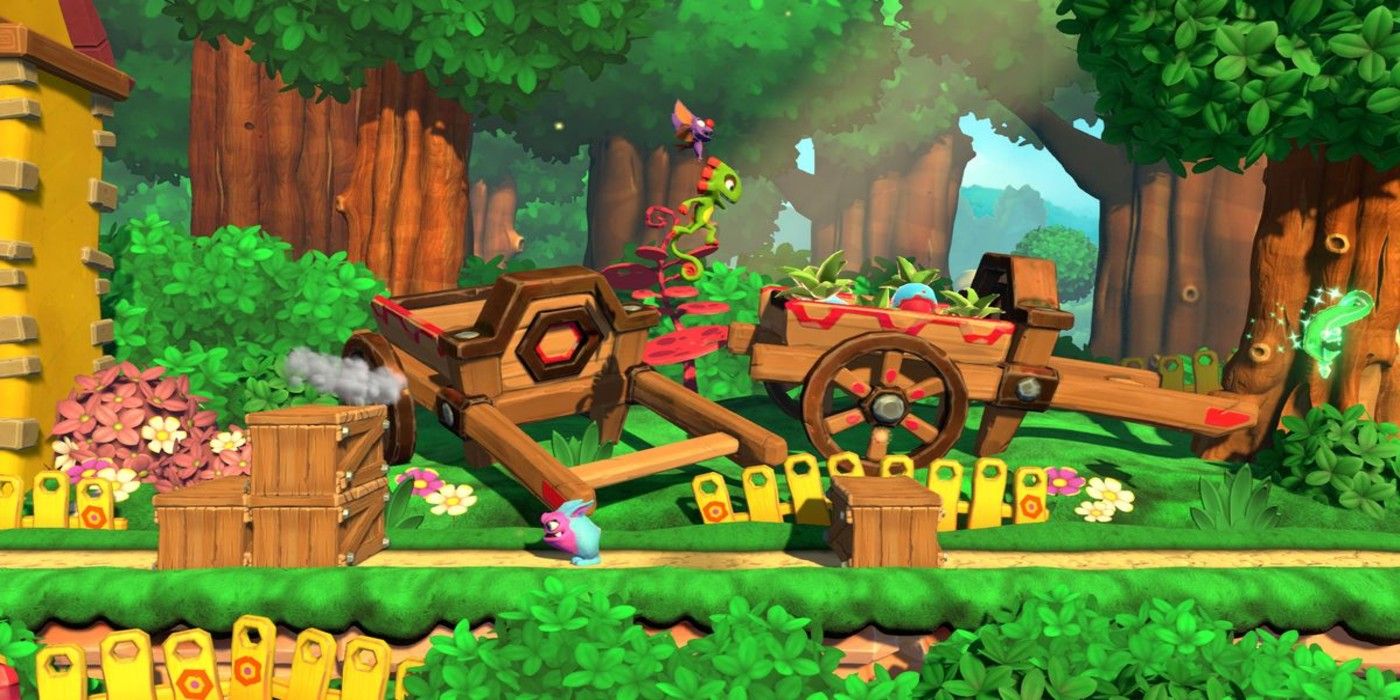 Yooka Laylee Impossible Lair side-scrolling gameplay in forest area
