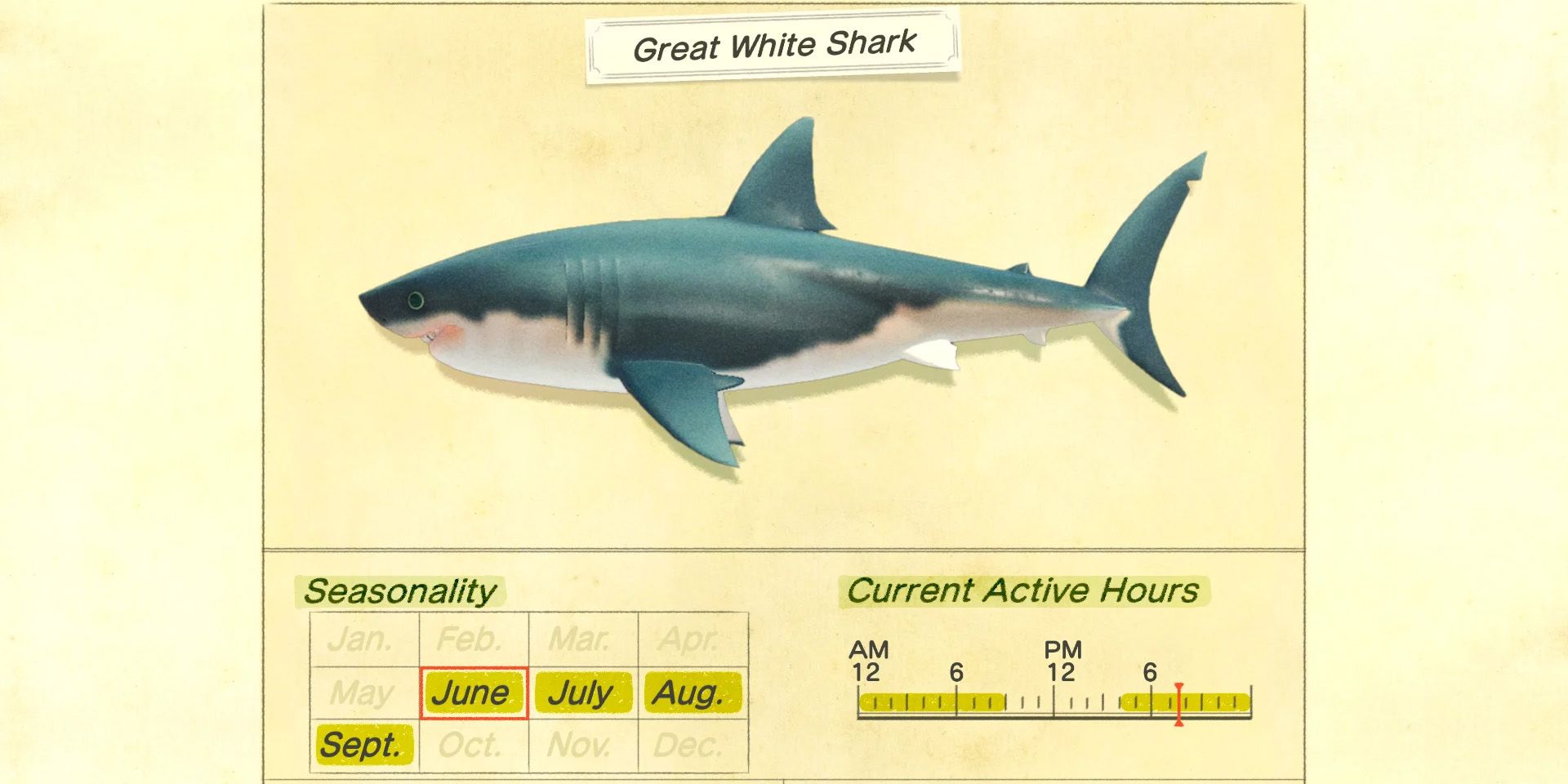 A Great White Shark in Animal Crossing: New Horizons