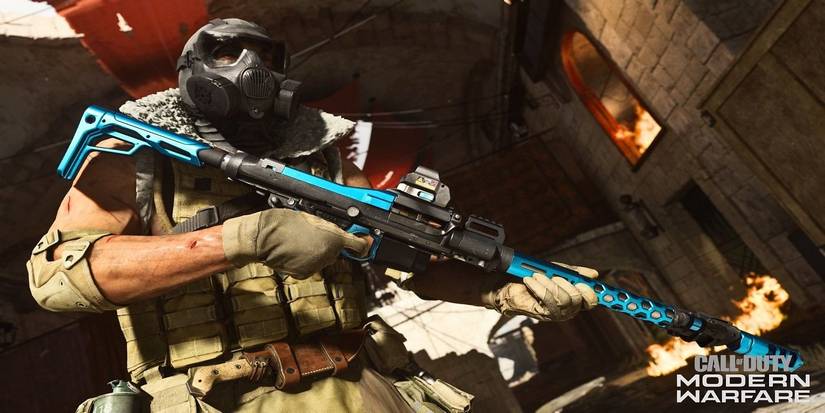 Modern Warfare character holding blue rifle