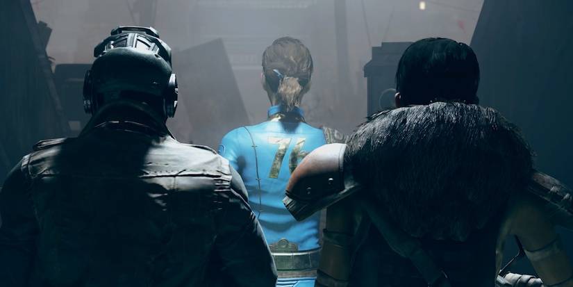 Fallout 76 vault girl with two guards
