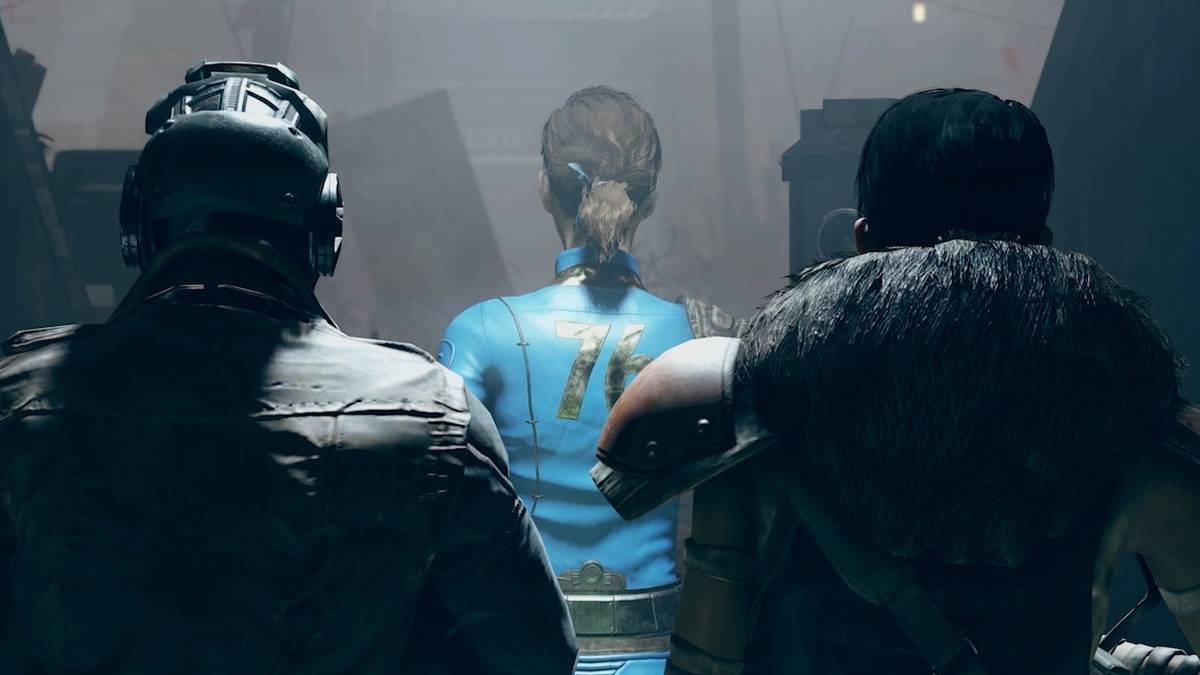 Fallout 76 vault girl with two guards