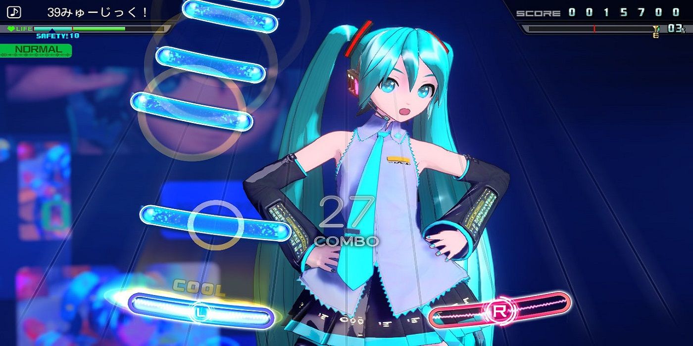 A girl poses next to symbols in Project Diva