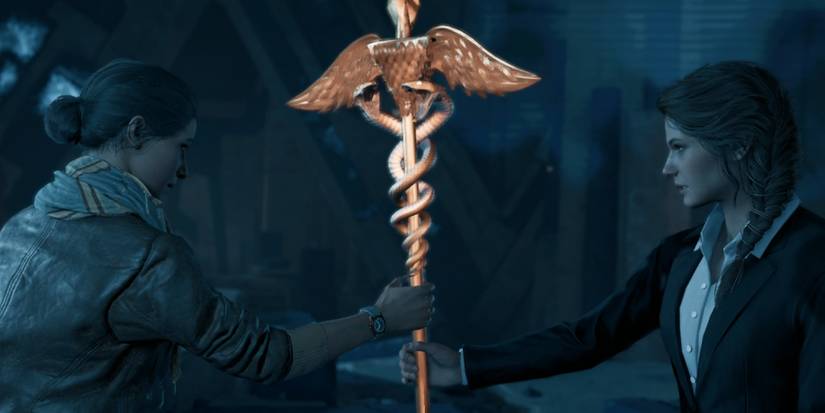 Screenshot Assassin's Creed Odyssey Kassandra giving Layla the staff
