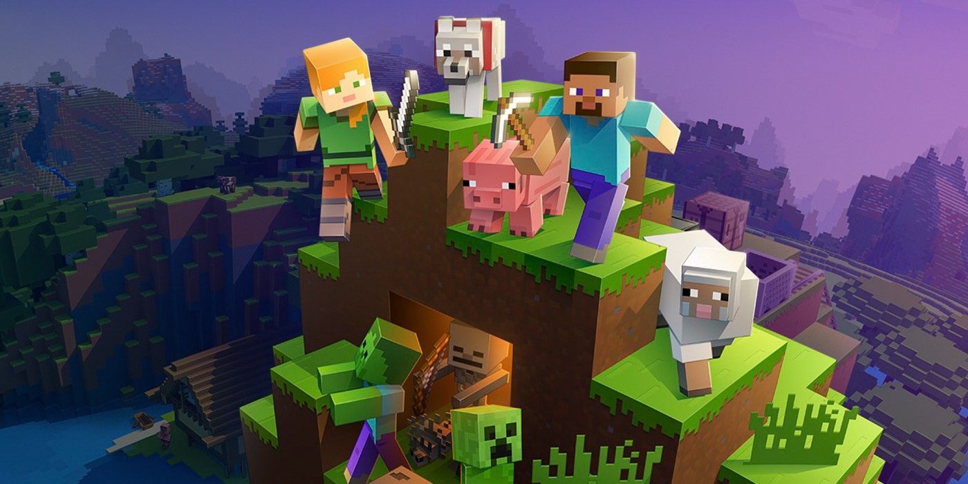 Minecraft, несколько персонажей на вершине холма