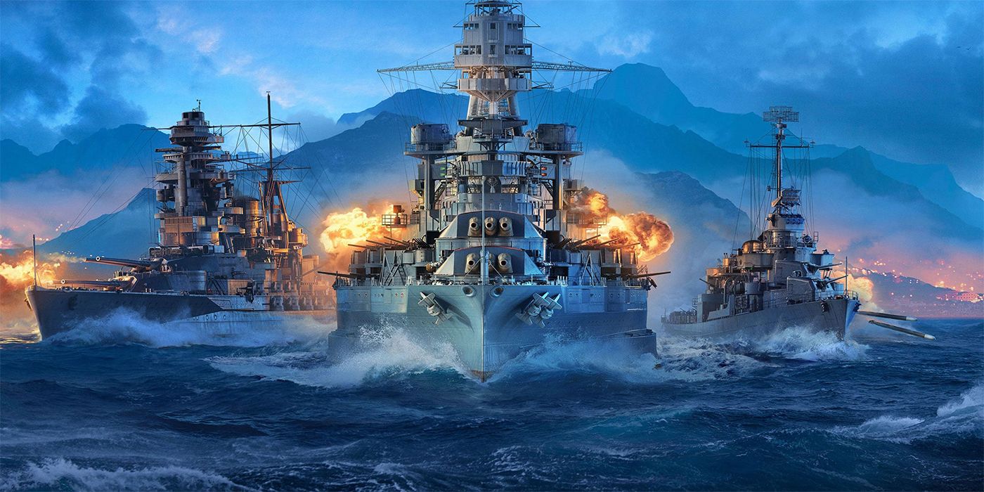 World of Warships promotional art with three ships