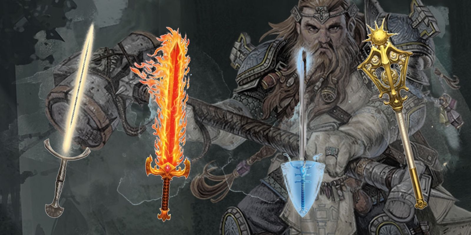 Several cleric weapons, with a Cleric in the background