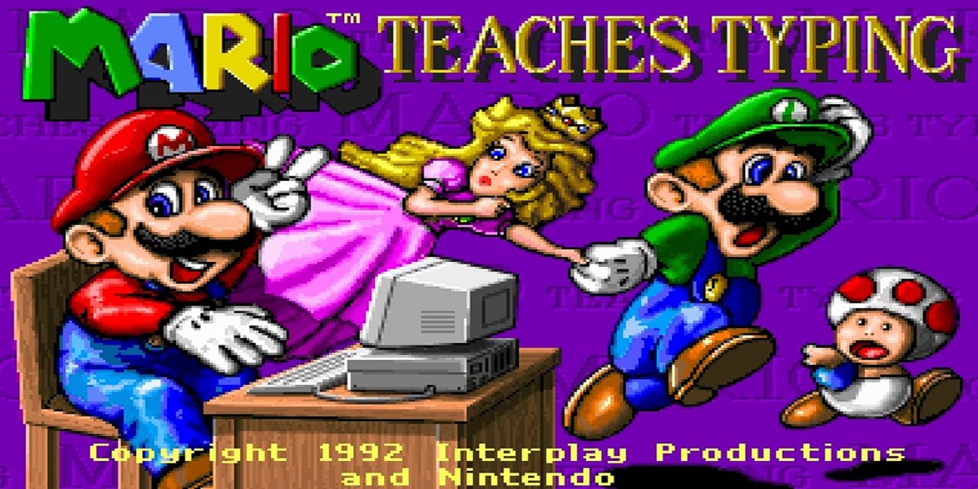 Mario looking happy about his computer while Peach, Luigi and ,Toad run away terrified