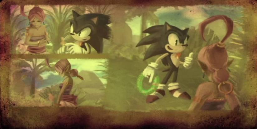 Sonic speaking to a woman in a cutscene