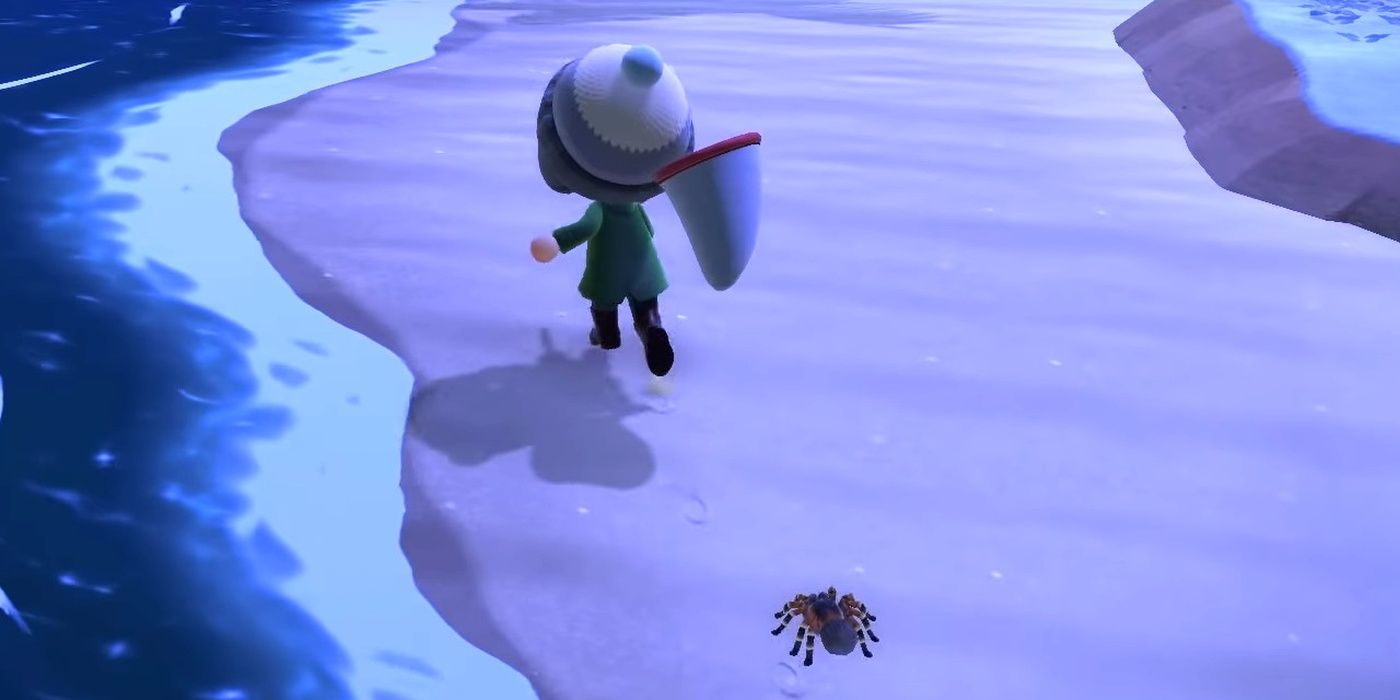 Animal Crossing New Horizons running from a tarantula on the beach at night