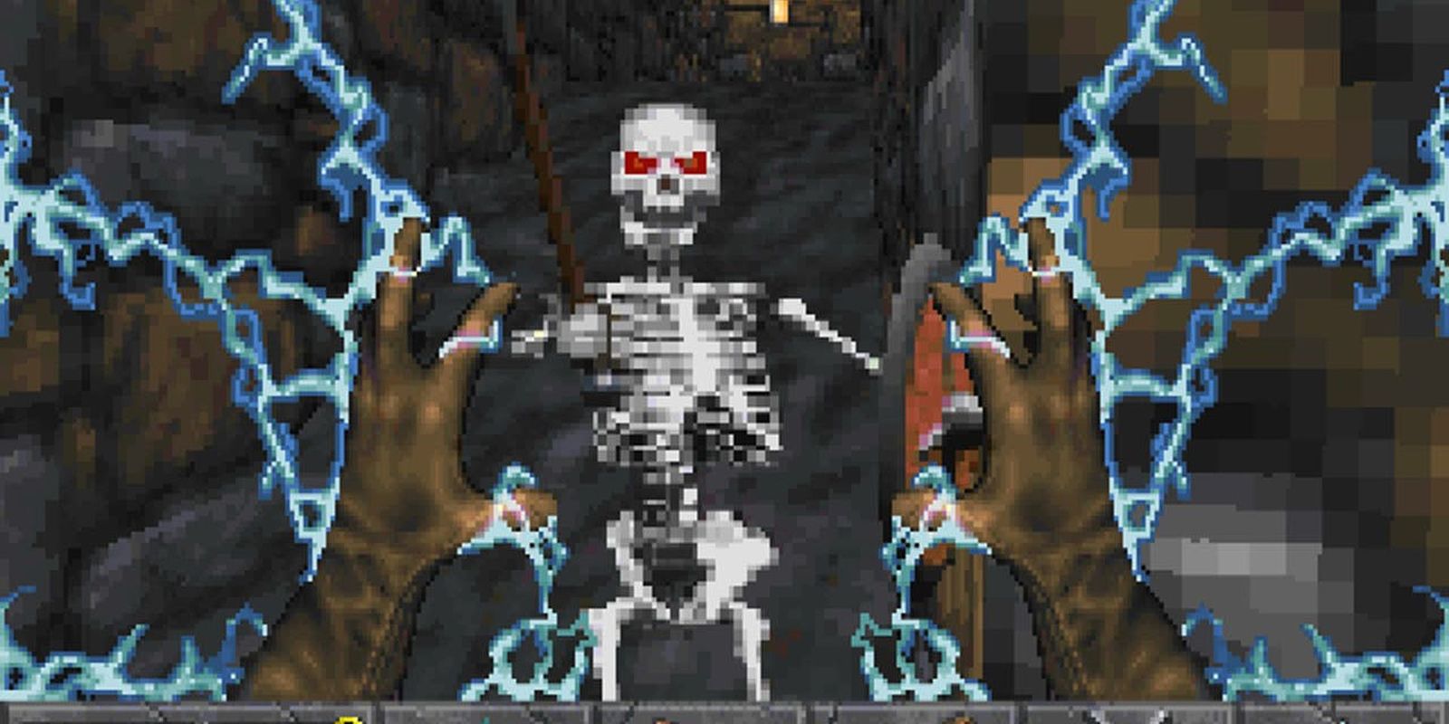 player casting a spell on a skeleton warrior
