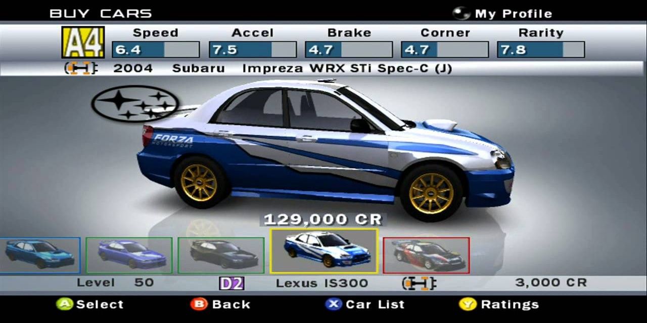 A Subaru Imprezza is being customized in Forza Motorsport 1