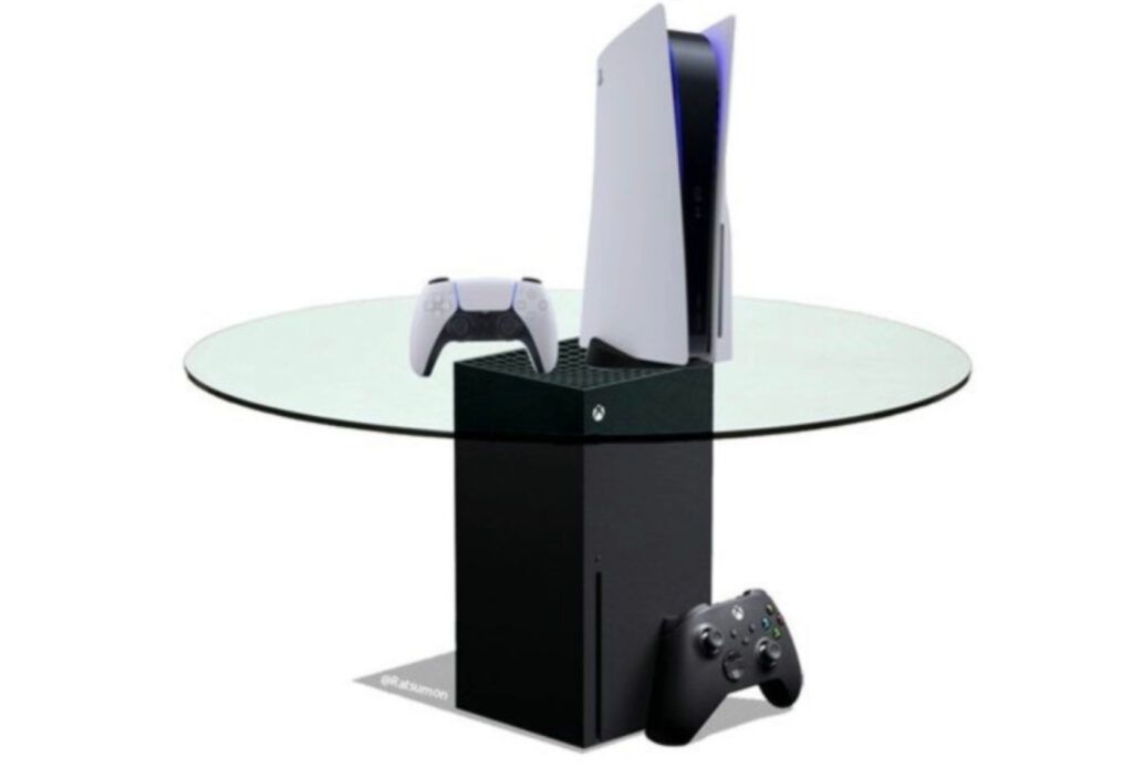 The Xbox Series X holds up a table with PS5 on it