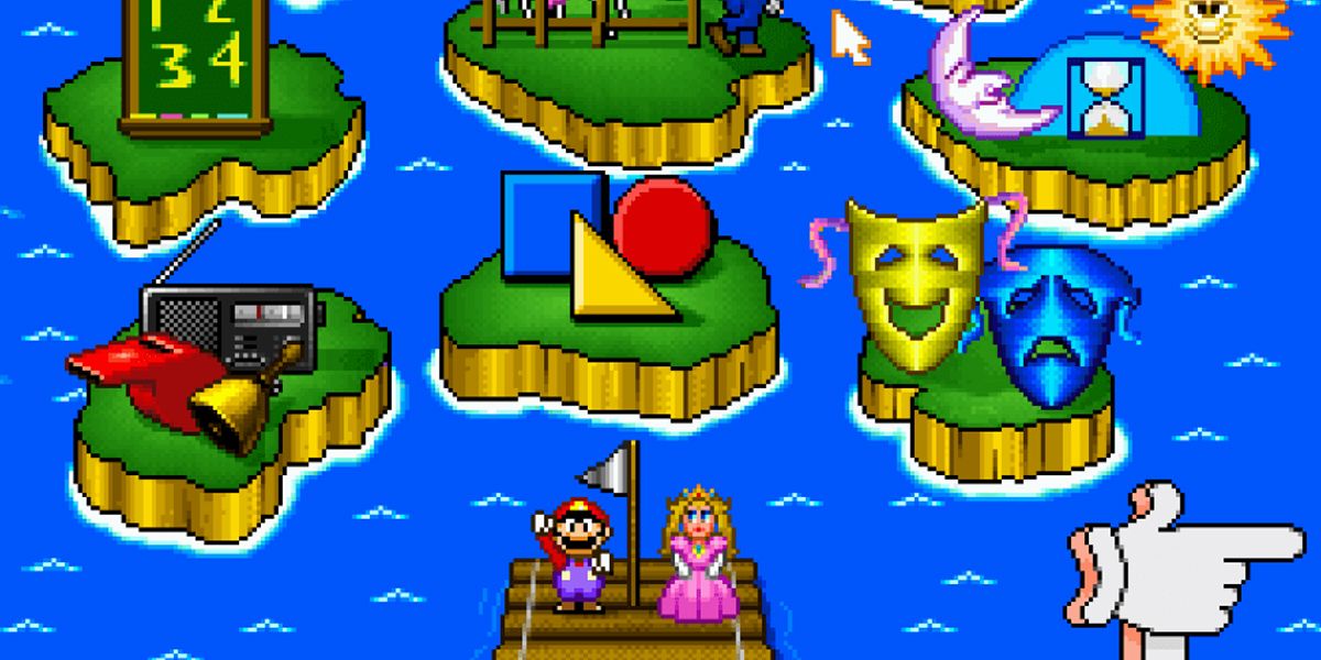 Mario and Peach on a raft in front of some islands