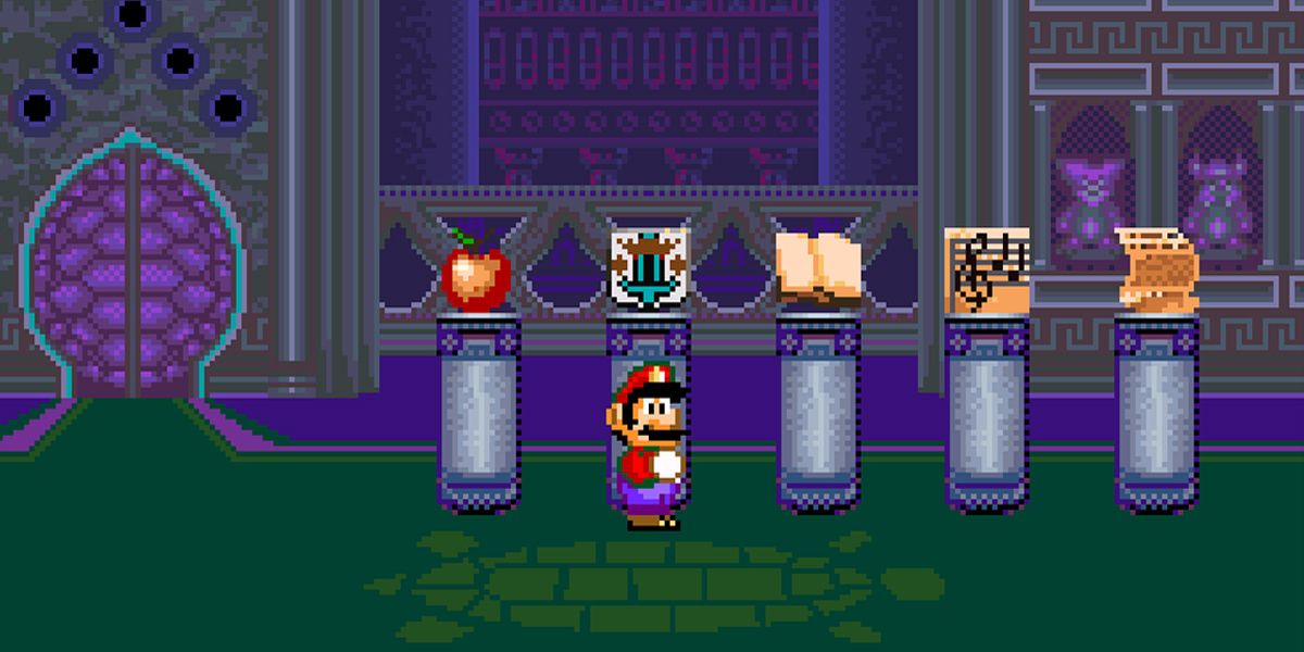 Mario in fornt of a selection of objects atop of pillars