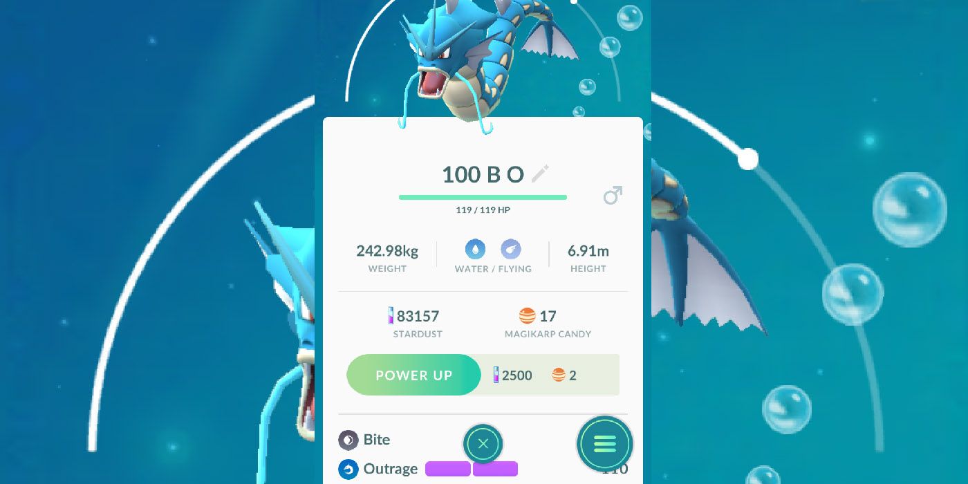 Gyarados' profile in Pokemon GO showing it has learned Outrage