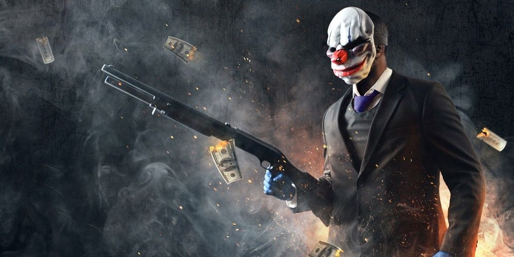 A man in a Joker mask and a suit holds a rifle in Payday 2