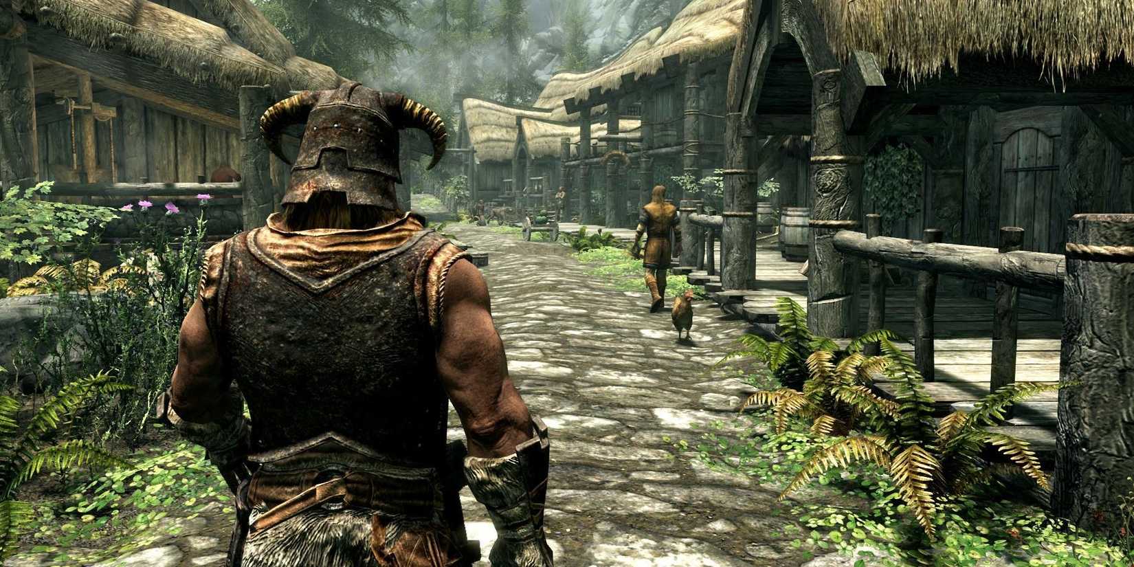 The Dragonborne walking through a village street