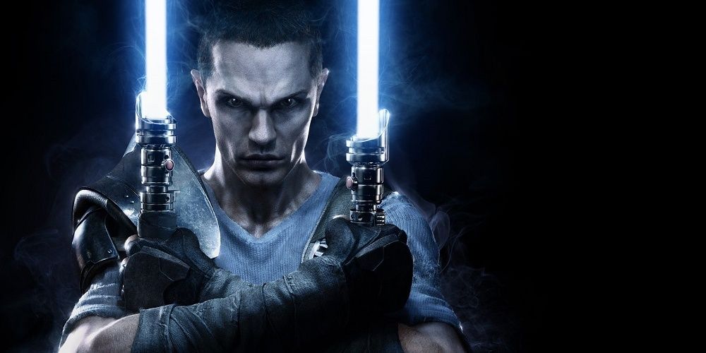 Starkiller holding up two lightsabers.