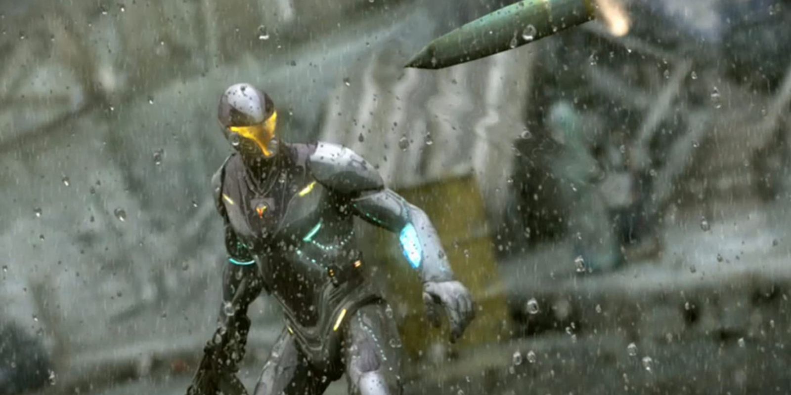 Персонаж из Timeshift стоит под дождем, к ним летит объект