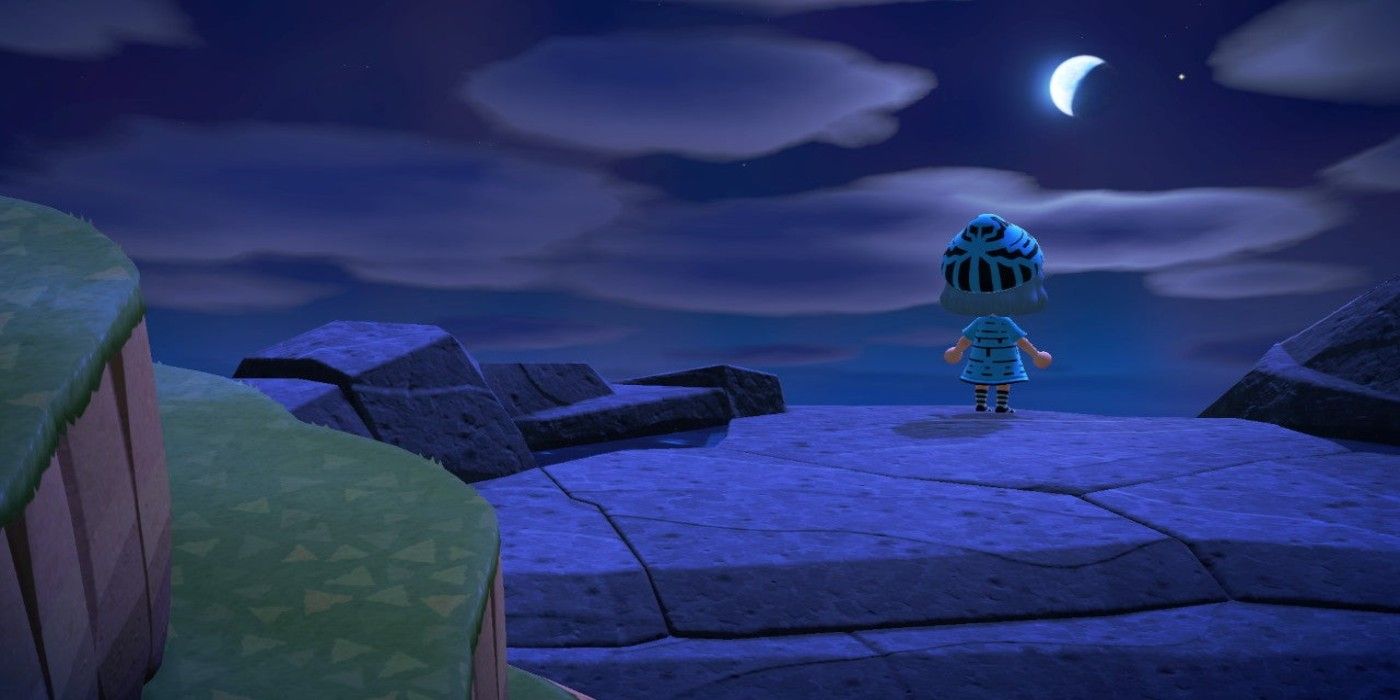 animal crossing new horizons Myster Island Tour watching the ocean and moon at night
