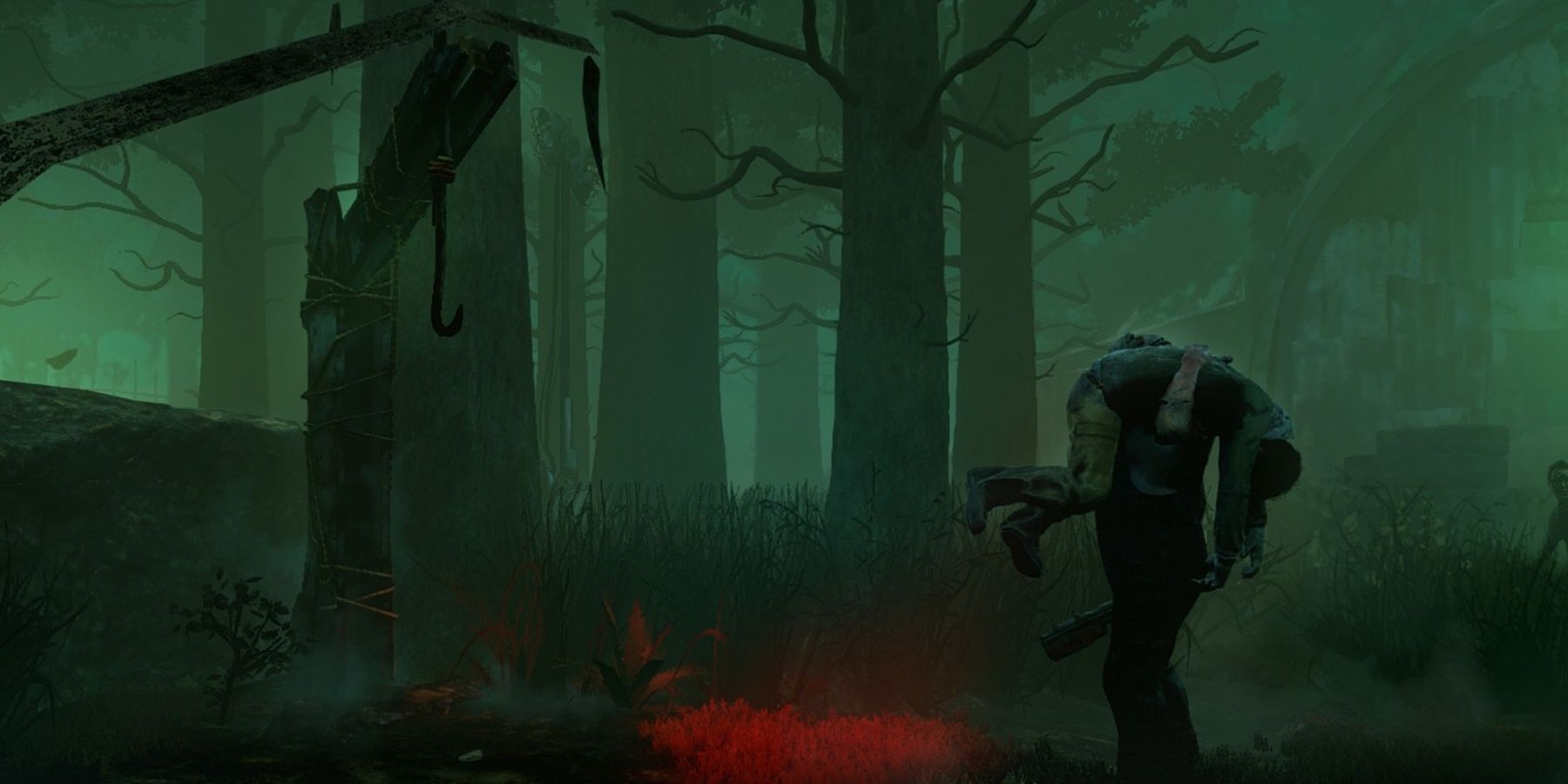 A killer in Dead By Daylight carrying an injured survivor to the hook