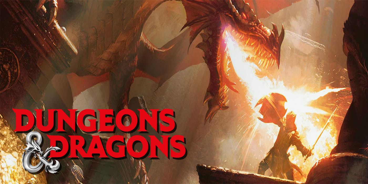Dungeons and Dragons logo over dragon breathing flames