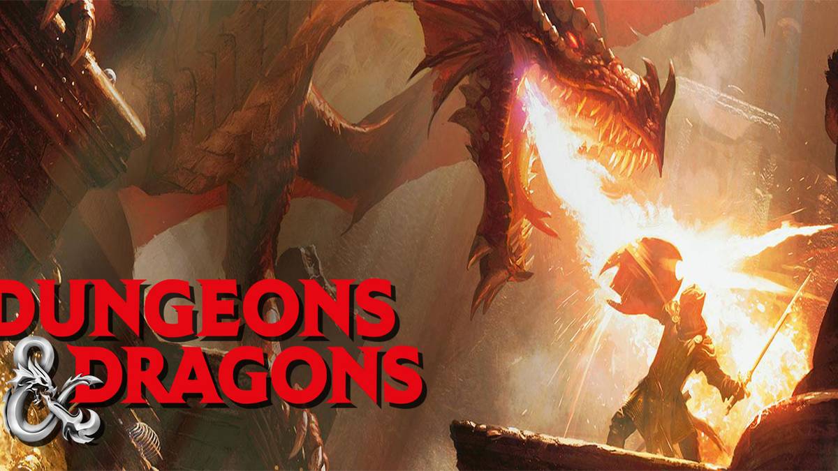Dungeons and Dragons logo over dragon breathing flames