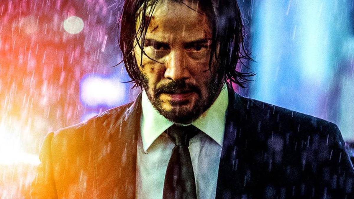 John Wick in colorful rain