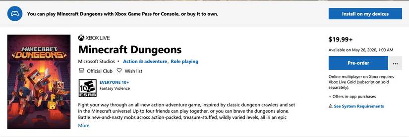 minecraft dungeons store page