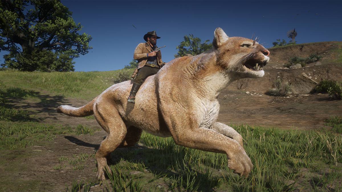 Arthur Morgan riding a giant cougar
