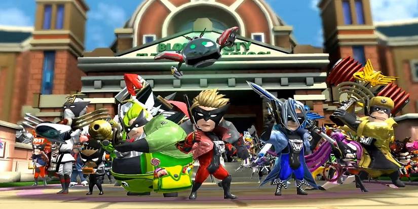 The Wonderful 101 cast stands in front of building