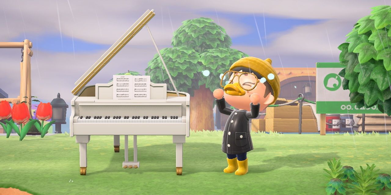 Animal Crossing New Horizons Grand Piano duck billed villager joyful outside while raining