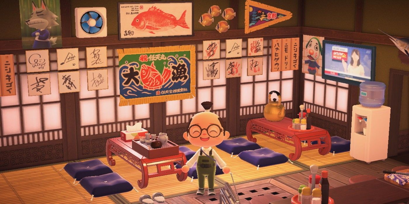Animal Crossing New Horizons Hanging Scroll in Asian themed room with banners