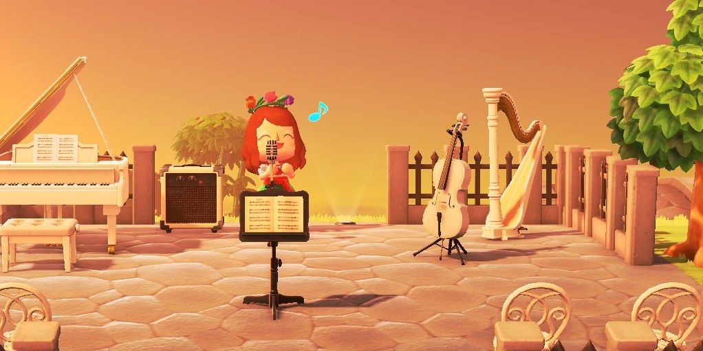 Animal Crossing New Horizons Instruments Cello with villager singing outside