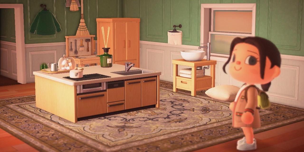 Animal Crossing New Horizons Kitchen Island villager smiling near island