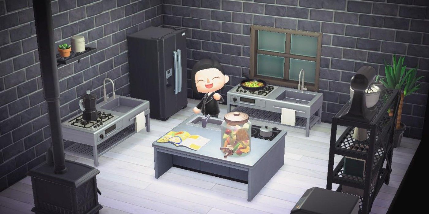 Animal Crossing New Horizons Open Frame Kitchen in packed kitchen