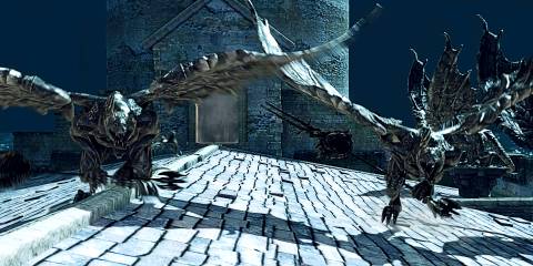 gargoyles on roof at night in dark souls 2