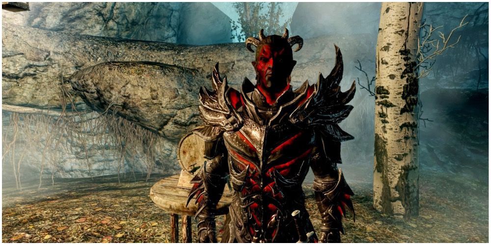 First-person view of Sanguine facing the player in Skyrim Elder Scrolls
