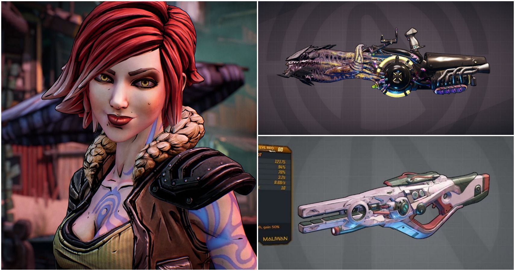 Borderlands character (left); two Borderlands weapons (top and bottom right)