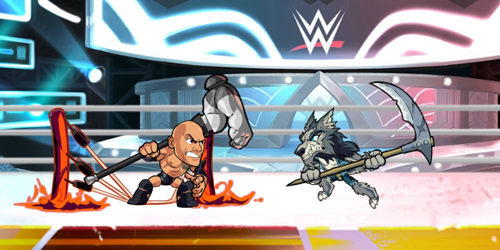 Brawlhalla Dwayne Johnson The Rock fighting wolf man with large sythe